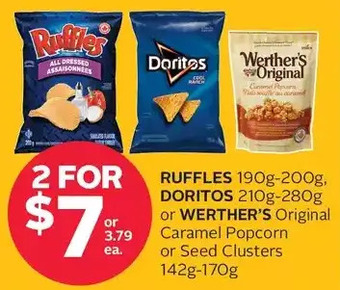 Rexall Ruffles, doritos or werther's original caramel popcorn or seed clusters offer