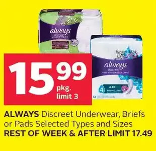 Rexall Always discreet underwear, briefs or pads offer