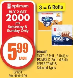 Shoppers Drug Mart Royale tiger or pc max paper towels offer