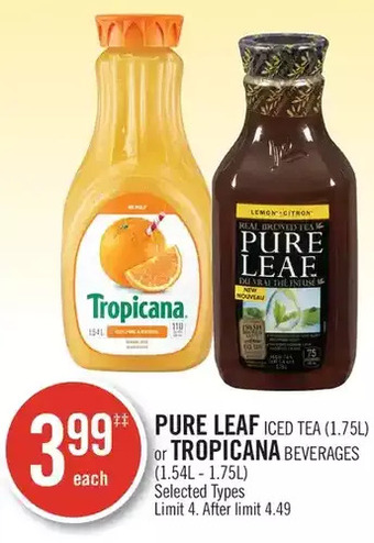 Shoppers Drug Mart Pure leaf iced tea or tropicana beverages offer