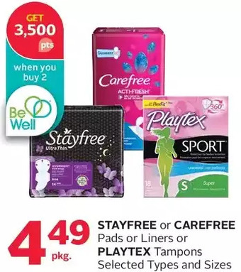 Rexall Stayfree or carefree pads or liners or playtex tampons offer