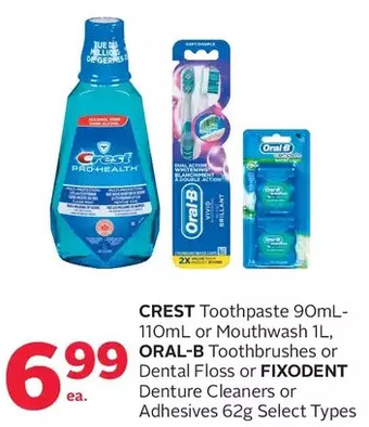 Rexall Crest toothpaste or mouthwash, oral-b toothbrushes or dental floss or fixodent denture cleaners or adhesives offer