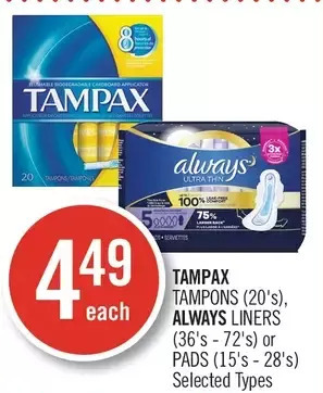 Shoppers Drug Mart Tampax tampons, always liners or pads offer