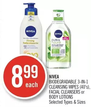 Shoppers Drug Mart Nivea biodegradable 3-in-1 cleansing wipes, facial cleansers or body lotions offer