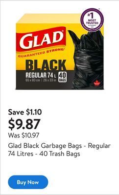 Walmart Glad black garbage bags - regular 74 litres - 40 trash bags offer