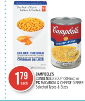 Shoppers Drug Mart Campbell's condensed soup (284ml) or pc macaroni & cheese dinner offer