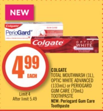 Shoppers Drug Mart Colgate total mouthwash (1l), optic white advanced (133ml) or periogard gum care (70ml) toothpaste offer