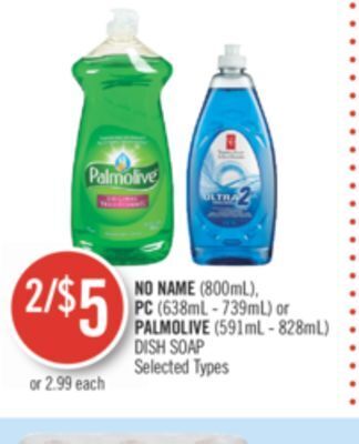 Shoppers Drug Mart No name (800ml), pc (638ml - 739ml) or palmolive (591ml - 828ml) dish soap offer
