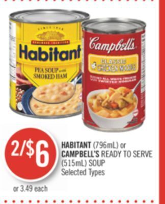 Shoppers Drug Mart Habitant (796 ml) or campbell's ready to serve (515 ml) soup offer