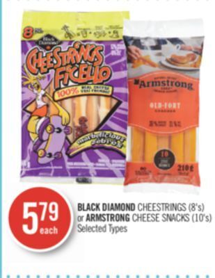Shoppers Drug Mart Black diamond cheestrings (8's) or armstrong cheese snacks (10's) offer