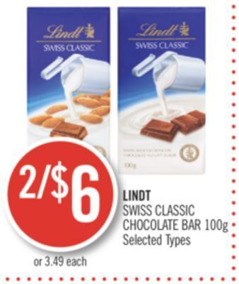 Shoppers Drug Mart Lindt swiss classic chocolate bar offer