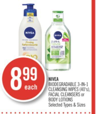 Shoppers Drug Mart Nivea biodegradable 3-in-1 cleansing wipes (40's) facial cleanser or body lotions offer