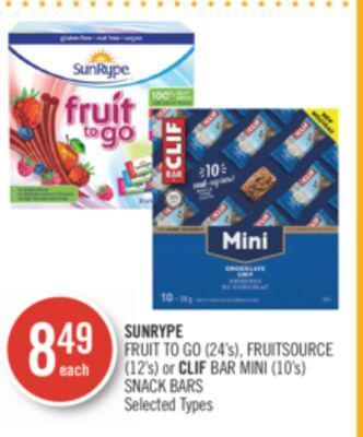Shoppers Drug Mart Sunrype fruit to go (24's), fruitsource (12's) or clif bar mini (10's) snack bars offer