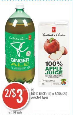 Shoppers Drug Mart Pc 100% juice (1l) or soda (2l) offer