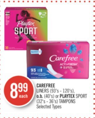 Shoppers Drug Mart Carefree liners (93's-120's), o.b. (40's) or playtex sport (32's-36's) tampons offer
