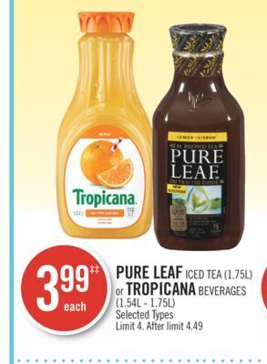 Shoppers Drug Mart Pure leaf iced tea (1.75l) or tropicana beverages (1.54l - 1.75l) offer