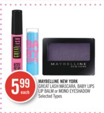 Shoppers Drug Mart Maybelline new york great lash mascara, baby lips lip balm or mono eyeshadow offer