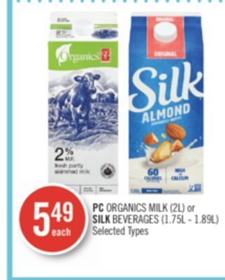Shoppers Drug Mart Pc organics milk (2l) or silk beverages (1.75l - 1.89l) offer