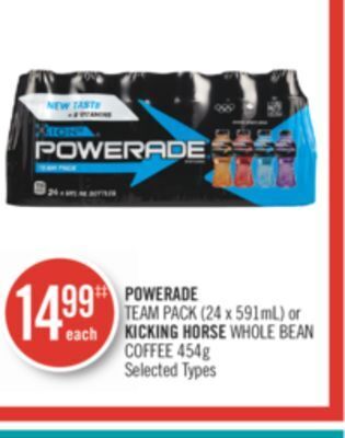 Shoppers Drug Mart Powerade team pack (24 x 591ml) or kicking horse whole bean coffee 454g offer