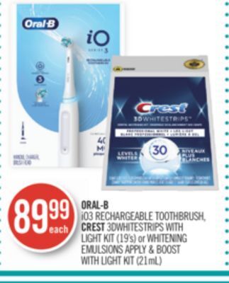 Shoppers Drug Mart Oral-b io3 rechargeable toothbrush crest 30whitestrips with light kit (19's) or whitening emulsions apply & boost with light offer