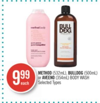 Shoppers Drug Mart Method (532ml), bulldog (500ml) or aveeno (354ml) body wash offer