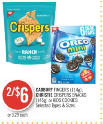Shoppers Drug Mart Cadbury fingers (114g), christie crispers snacks (145g) or kids cookies offer