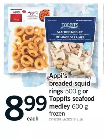 Fortinos Appi's breaded squid rings or toppits seafood medley offer