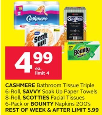 Rexall Cashmere bathroom tissue triple 6-roll, savvy soak up paper towels 8-roll, scotties facial tissues 6-pack or bounty napkins 2 offer