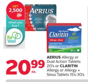 Rexall Aerius allergy or dual action tablets 20' s or claritin allergy or allergy + sinus tablets 15' s-30' s offer