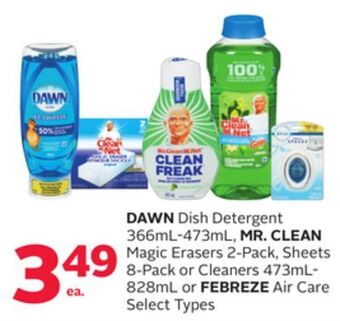 Rexall Dawn dish detergent 366ml-473ml, mr. clean magic erasers 2-pack, sheets 8-pack or cleaners 473ml-828ml or febreze air care offer