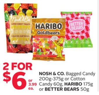 Rexall Nosh & co. bagged candy 200g-375g or cotton candy 60g, haribo 175g or better bears 50g offer