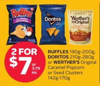 Rexall Ruffles 190g-200g, doritos 210g-280g or werther's original caramel popcorn or seed clusters 142g-170g offer