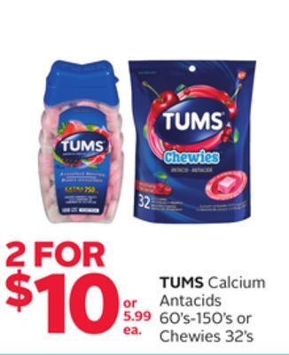 Rexall Tums calcium antacids 60's-150's or chewies 32's offer