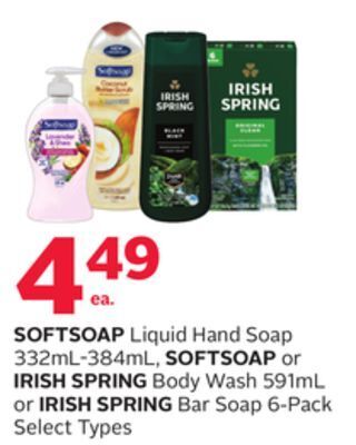 Rexall Softsoap liquid hand soap 332ml-384ml, softsoap or irish spring body wash 591ml or irish spring bar soap 6-pack offer