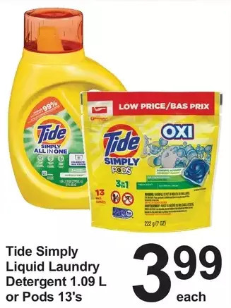 Pharmasave Tide simply liquid laundry detergent or pods offer
