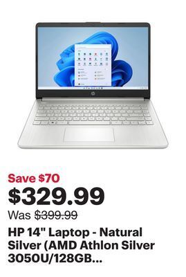 Best Buy Hp 14 laptop - natural silver (amd athlon silver 3050u/128gb ssd/4gb ram/windows 11 s) offer