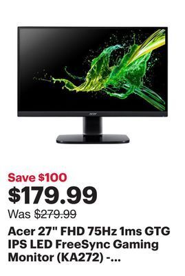 Best Buy Acer 27 fhd 75hz 1ms gtg ips led freesync gaming monitor (ka272) - black - only at best buy offer