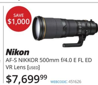 Vistek Nikon af-s nikkor 500mm f/4.0 e fl ed vr lens [used] offer