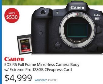Vistek Canon eos r5 full frame mirrorless camera body w/ extreme pro 128gb cfexpress card offer