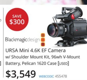 Vistek Blackmagicdesign ursa mini 4.6k ef camera w/ shoulder mount kit, 96wh v-mount battery, pelican 1620 case [used] offer