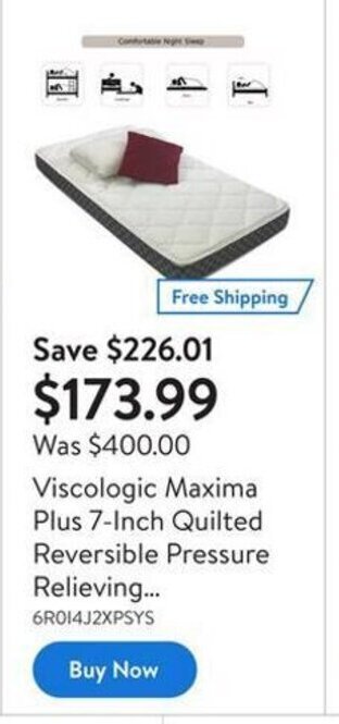 Walmart Viscologic maxima plus 7-inch quilted reversible pressure relieving offer