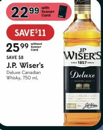 Sobeys J.P. Wiser's deluxe canadian whisky 750ml offer