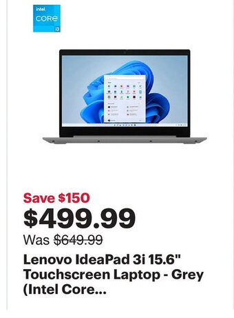 Best Buy Lenovo ideapad 3i 15.6'' touchscreen laptop - grey offer
