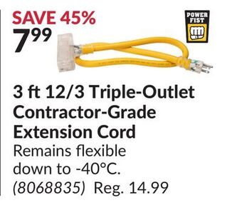 Princess Auto 3 12/3 triple-outlet contractor-grade extension cord offer