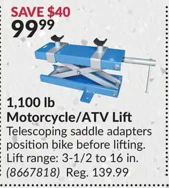 Princess Auto 1,100 lb motorcycle/atv lift offer