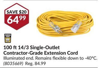 Princess Auto 100 ft 14/3 single-outlet contractor-grade extension cord offer