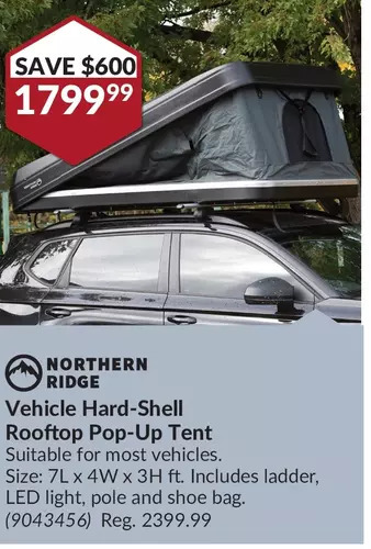 Princess Auto Northern ridge vehicle hard-shell rooftop pop-up tent offer