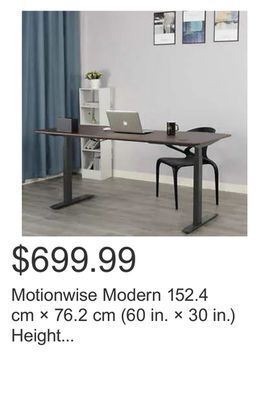 Costco Motionwise modern 152.4 cm × 76.2 cm (60 in. × 30 in.) height adjustable standing desk offer