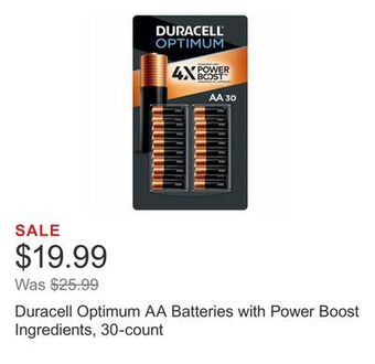 Costco Duracell optimum aa batteries with power boost ingredients, 30-count offer