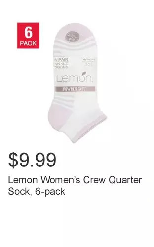 Costco Lemon women’s crew quarter sock, 6-pack offer